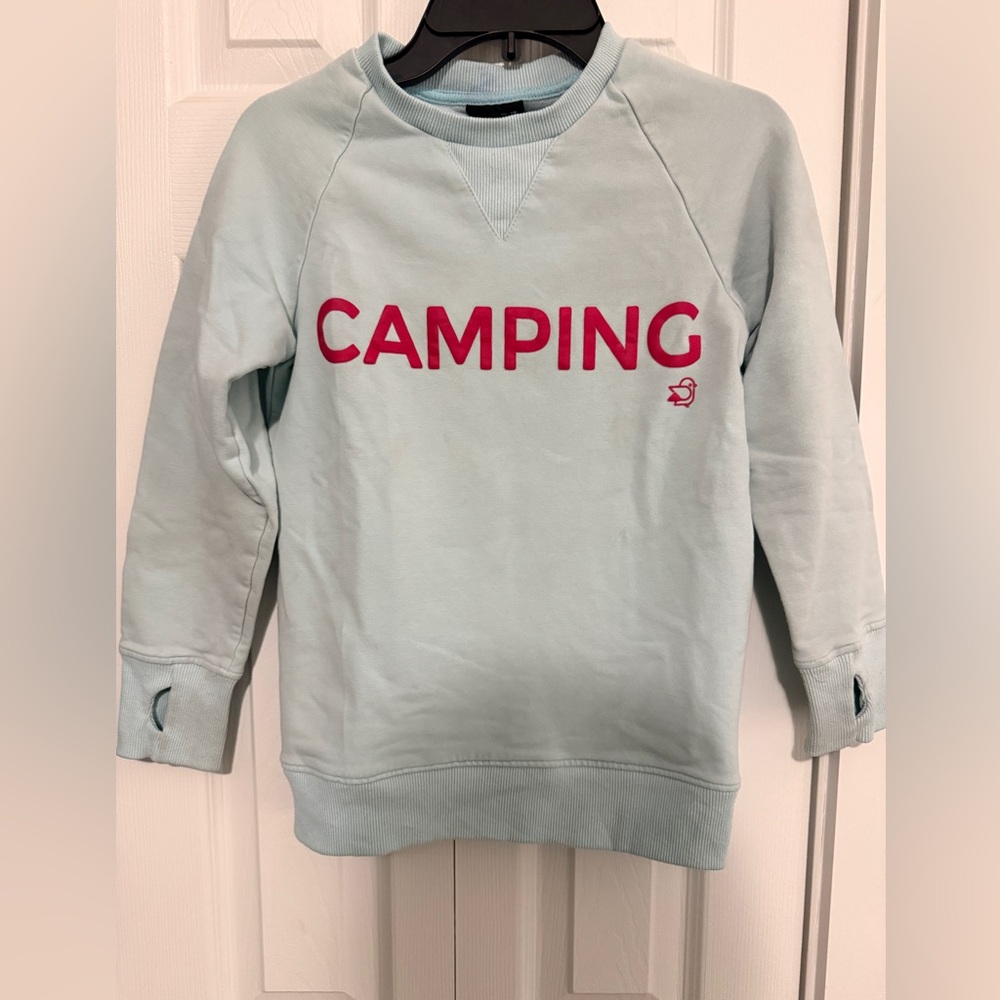 Kids Light Blue 'Camping' Sweatshirt with Pink Lettering